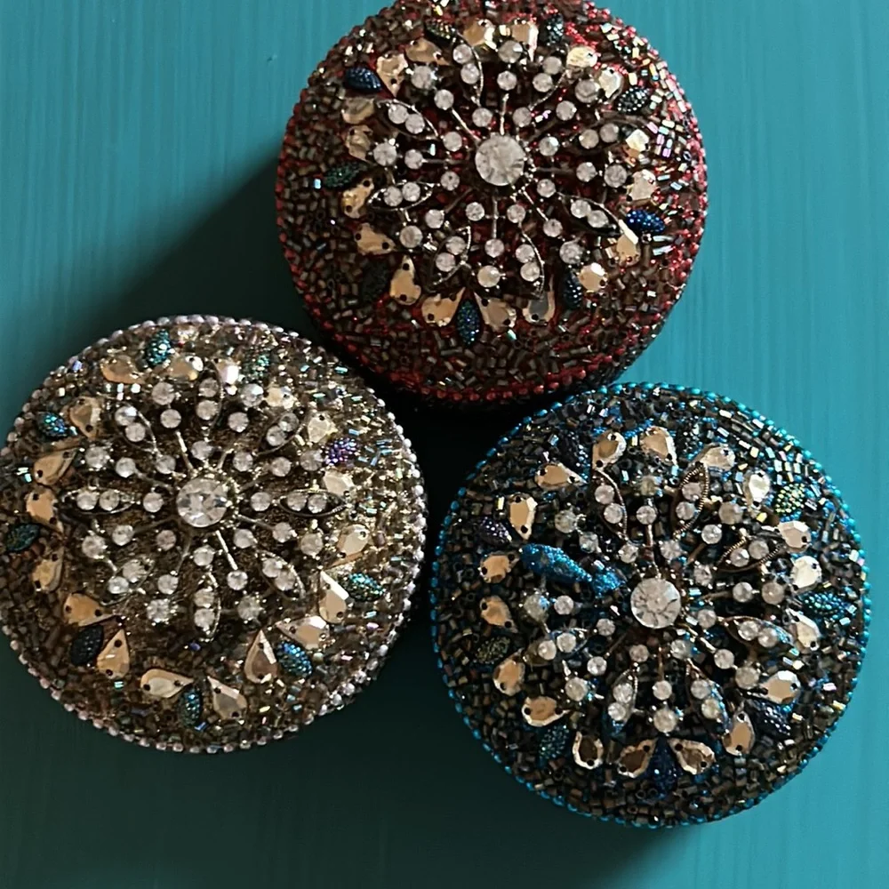 Pier 1 Set of 3 Round Jeweled Aluminum Trinket Jewelry Storage Boxes